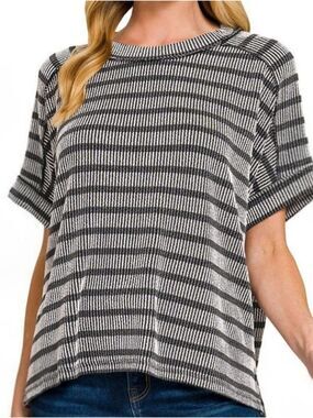 Zenana Black & White Striped Textured Knit Top Size Medium NWOT